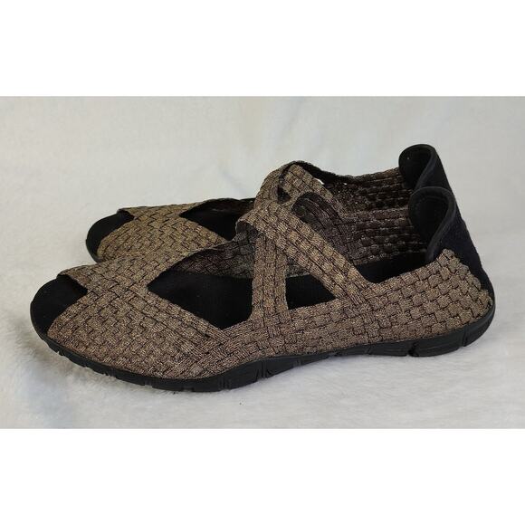 Corkys Forest 9 Gold Stretch Woven Peep Toe Cross Straps Mary Jane Sandals Flats - Picture 2 of 8